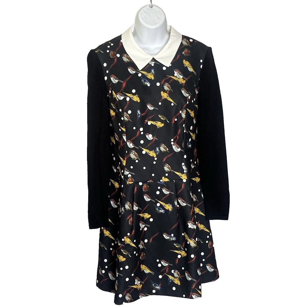 Koradior Jacquard Dress 38 = US M Fit & Flare Pleated Schoolgirl Bird Print - Picture 2 of 12